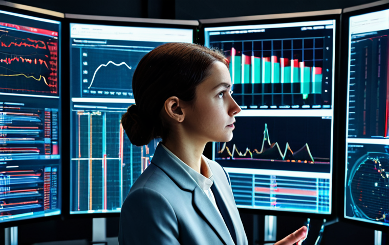 A professional female financial analyst, fully clothed in a modest business suit, intently focused on multiple holographic data screens displaying complex real-time fraud detection algorithms and risk analysis graphs in a futuristic, high-tech financial operations center. The scene emphasizes innovation and security. Perfect anatomy, correct proportions, natural pose, well-formed hands, proper finger count, natural body proportions, professional photography, high quality, safe for work, appropriate content, appropriate attire, professional dress.