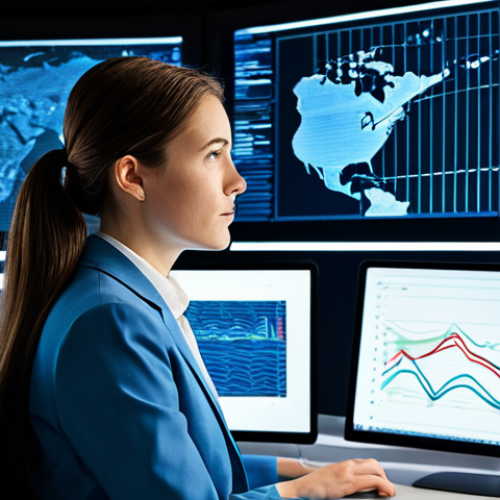 Home 23 A professional female data scientist, fully clothed in a modest business suit, sitting at a workstation in a high-tech data analysis center. She is looking intently at large, holographic screens displaying complex, flowing streams of raw data transforming into clear, actionable insights and elegant patterns. The background features advanced computing infrastructure and subtle light trails representing data movement. The atmosphere is intellectual and innovative, reflecting the journey from data noise to valuable understanding, appropriate attire, safe for work, professional, perfect anatomy, correct proportions, natural pose, well-formed hands, proper finger count, natural body proportions, professional photography, high quality.