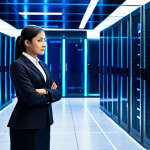 A professional female data architect, fully clothed in a modest business suit and appropriate attire, stands confidently in a sleek, modern data center bathed in soft, futuristic blue light emanating from server racks. A transparent holographic display in front of her visualizes an intricately organized network of interconnected open-source big data platforms like Hadoop and Spark, symbolizing their transformative power. The scene is photorealistic with high detail, showcasing perfect anatomy, correct proportions, a natural pose, well-formed hands, and proper finger count. This is a professional image, safe for work, appropriate content, and family-friendly.