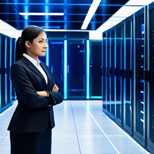 Home 22 A professional female data architect, fully clothed in a modest business suit and appropriate attire, stands confidently in a sleek, modern data center bathed in soft, futuristic blue light emanating from server racks. A transparent holographic display in front of her visualizes an intricately organized network of interconnected open-source big data platforms like Hadoop and Spark, symbolizing their transformative power. The scene is photorealistic with high detail, showcasing perfect anatomy, correct proportions, a natural pose, well-formed hands, and proper finger count. This is a professional image, safe for work, appropriate content, and family-friendly.