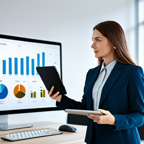 Home 9 **
"A professional woman wearing a modest business suit, standing in a modern, brightly lit office. She is holding a tablet displaying data analytics dashboards. The background includes blurred colleagues working at computers. Fully clothed, appropriate attire, safe for work, perfect anatomy, natural proportions, professional, family-friendly, high quality."
**