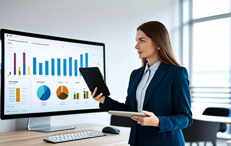 **
"A professional woman wearing a modest business suit, standing in a modern, brightly lit office. She is holding a tablet displaying data analytics dashboards. The background includes blurred colleagues working at computers. Fully clothed, appropriate attire, safe for work, perfect anatomy, natural proportions, professional, family-friendly, high quality."
**