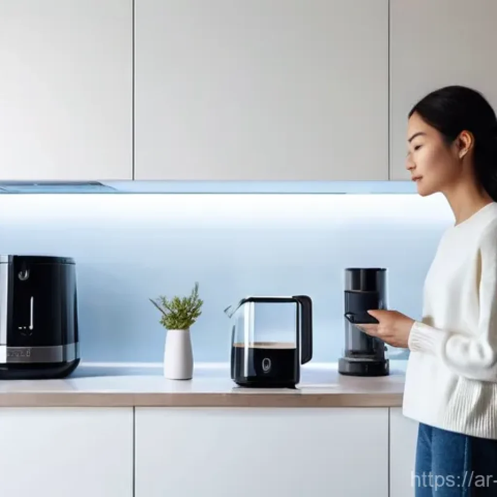 빅데이터와 IoT 데이터 통합 사례 - **Prompt:** A cozy, futuristic kitchen bathed in soft morning light. A young adult woman, dressed in...