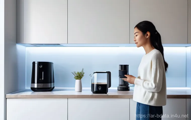 빅데이터와 IoT 데이터 통합 사례 - **Prompt:** A cozy, futuristic kitchen bathed in soft morning light. A young adult woman, dressed in...