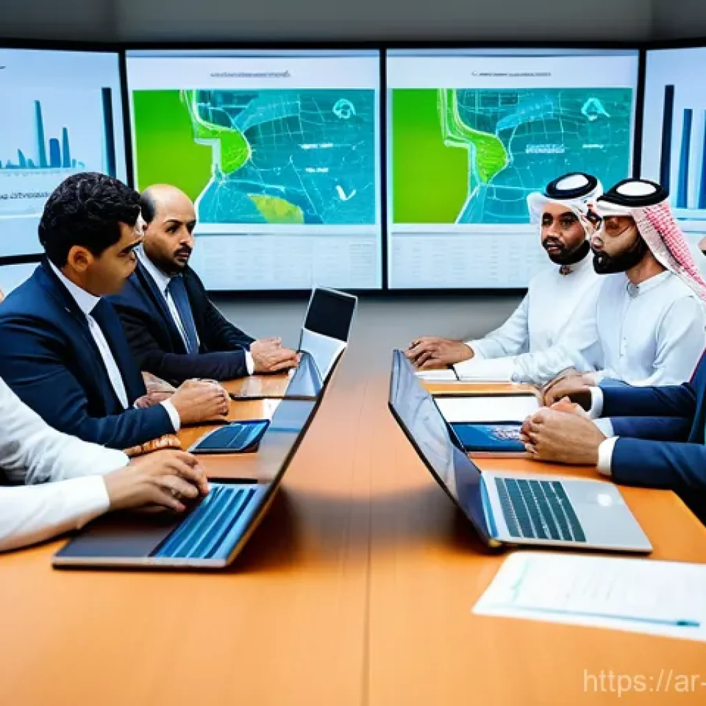 빅데이터와 ESG 데이터 분석 - "A diverse group of modern Arab business executives, including men in crisp thobes with ghutra and w...