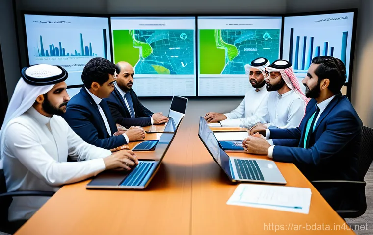 빅데이터와 ESG 데이터 분석 - "A diverse group of modern Arab business executives, including men in crisp thobes with ghutra and w...