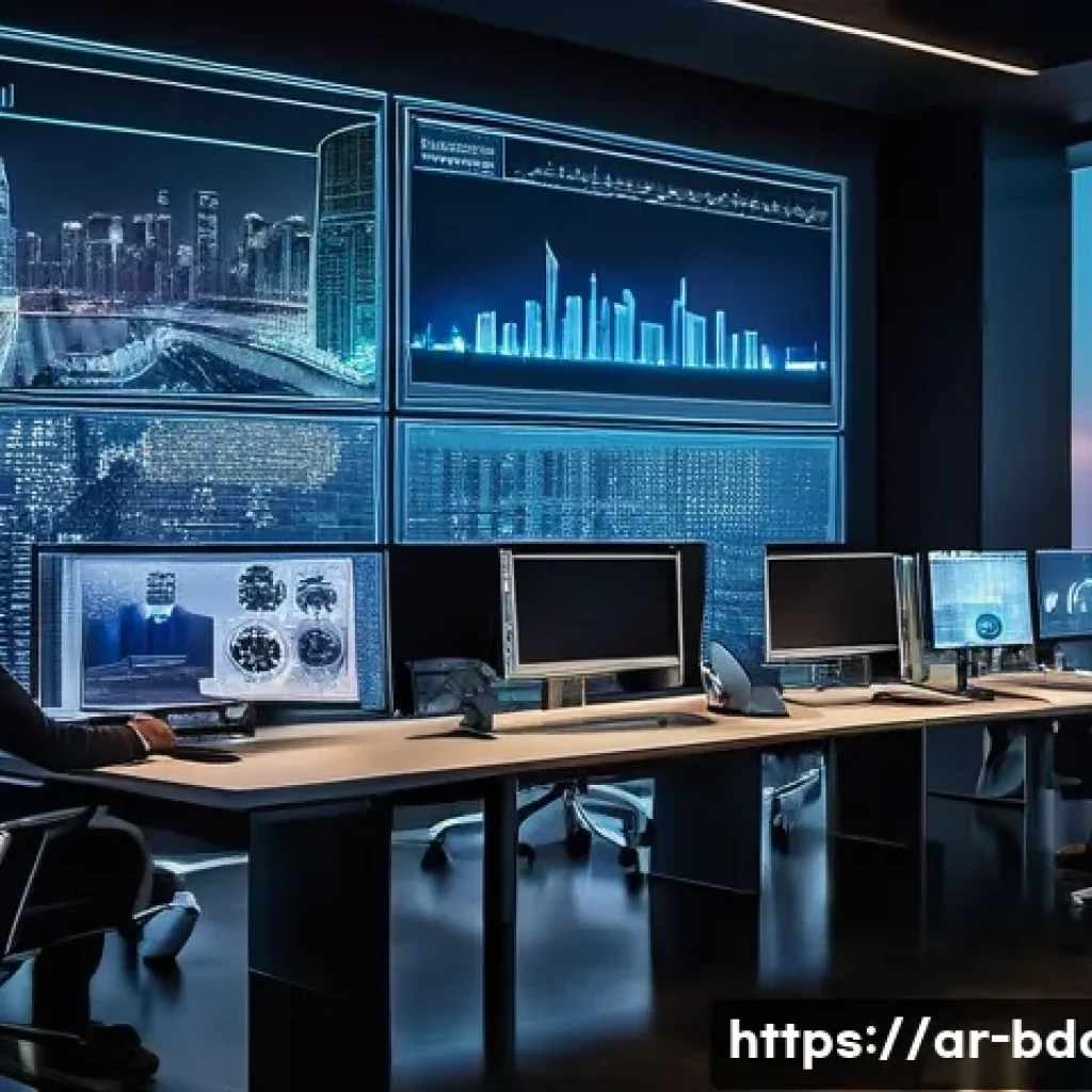 빅데이터 기술자의 리스크 관리 방법 - A sophisticated modern office environment in a Middle Eastern cityscape at dusk, featuring a diverse...