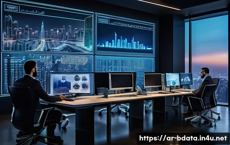 빅데이터 기술자의 리스크 관리 방법 - A sophisticated modern office environment in a Middle Eastern cityscape at dusk, featuring a diverse...