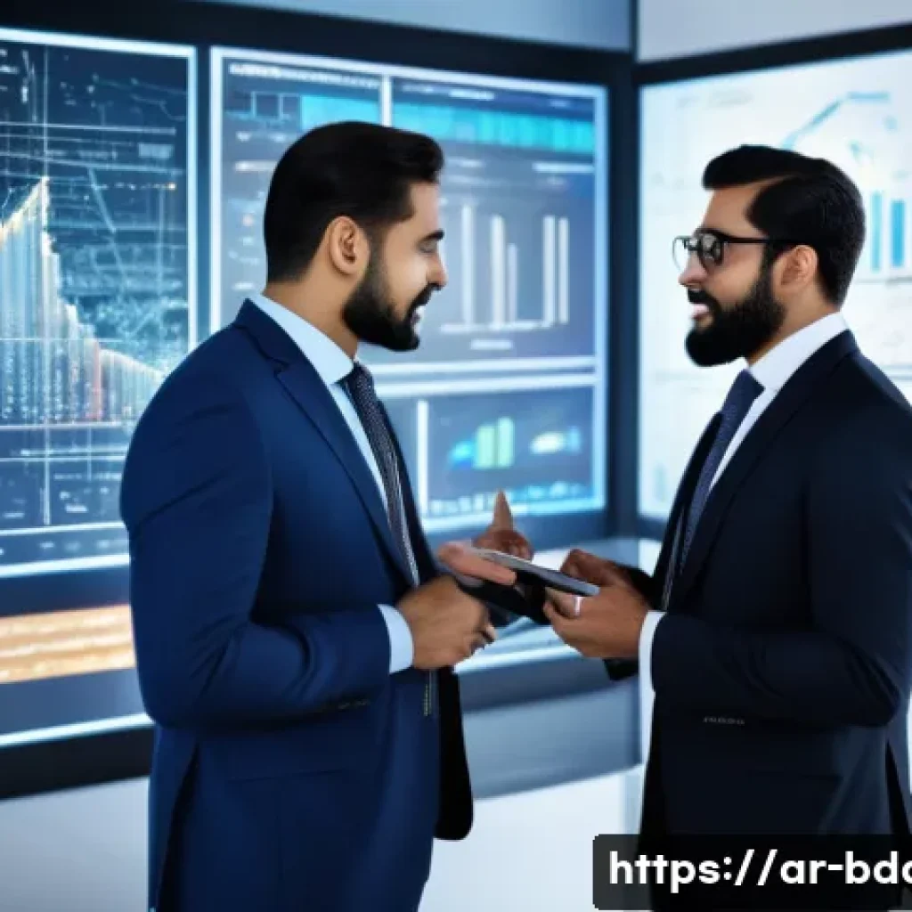 빅데이터 기술자와 AI 트렌드 통합 - A modern Arabic office environment showcasing a diverse team of professionals collaborating around a...
