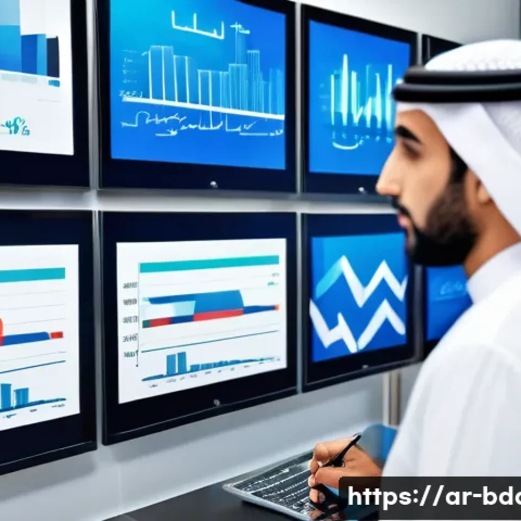 빅데이터 기술자와 데이터 트랜스포메이션 사례 - A modern Middle Eastern business office with diverse Arab professionals analyzing advanced data visu...