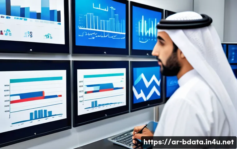 빅데이터 기술자와 데이터 트랜스포메이션 사례 - A modern Middle Eastern business office with diverse Arab professionals analyzing advanced data visu...