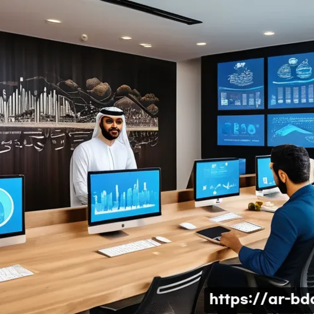 빅데이터 실무에 필요한 API 활용 사례 - A modern Middle Eastern tech office with diverse Arab professionals collaborating around multiple di...