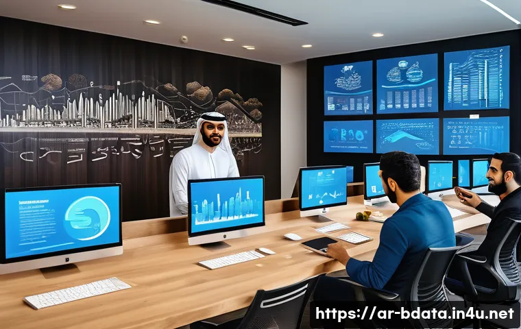 빅데이터 실무에 필요한 API 활용 사례 - A modern Middle Eastern tech office with diverse Arab professionals collaborating around multiple di...