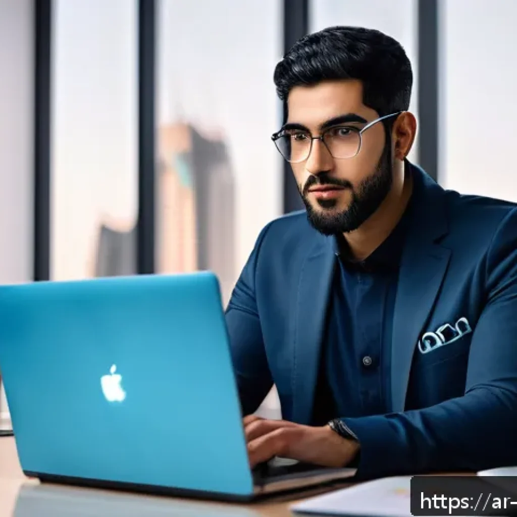 빅데이터 기술자의 글로벌 네트워킹 팁 - A professional Middle Eastern man in smart casual attire, sitting confidently at a sleek modern home...