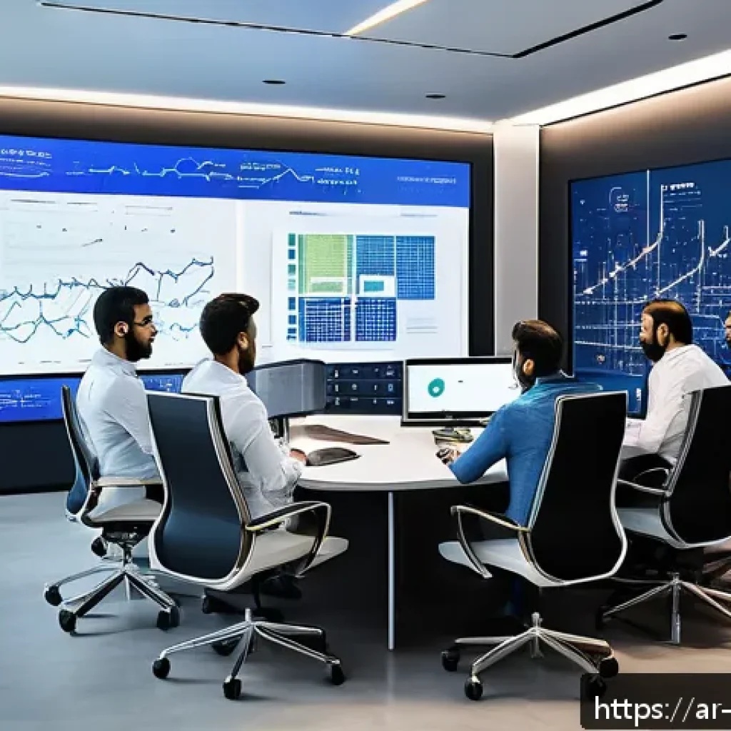 빅데이터 프로젝트 실패 사례와 교훈 - A modern office scene showing a diverse team of Arabic professionals collaborating on a big data pro...