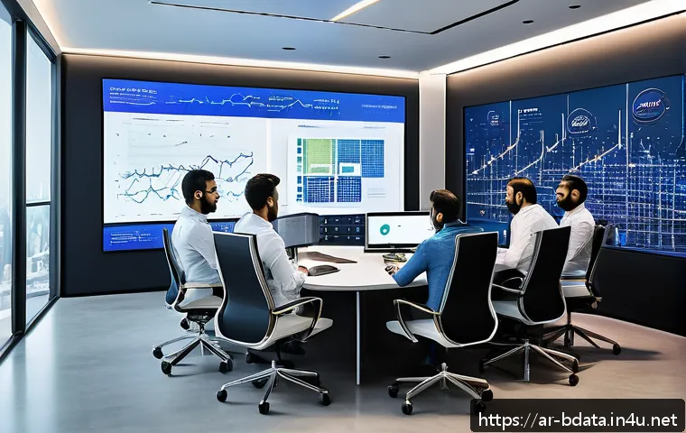 빅데이터 프로젝트 실패 사례와 교훈 - A modern office scene showing a diverse team of Arabic professionals collaborating on a big data pro...