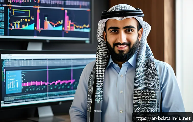 빅데이터 기술자의 스킬 업그레이드 전략 - A professional Middle Eastern big data engineer in modern office environment, wearing business casua...