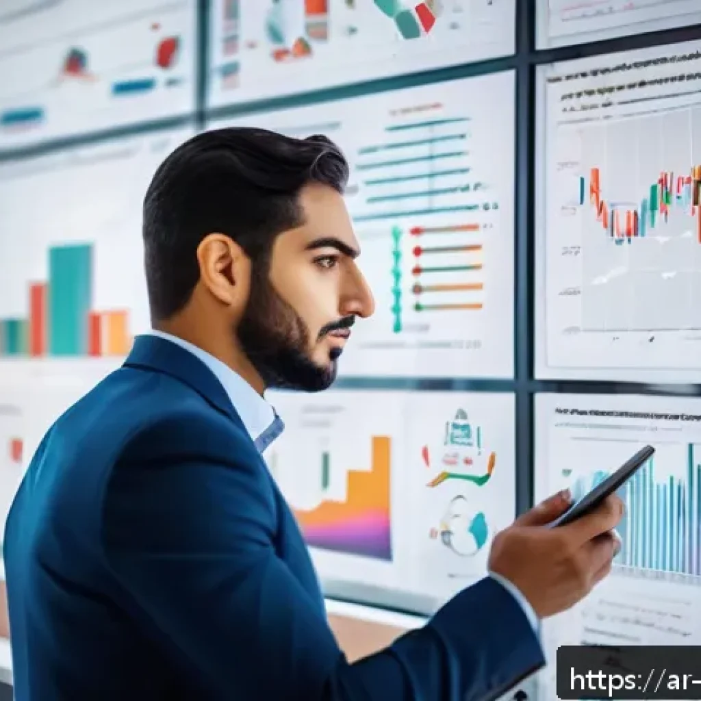 빅데이터 기술자의 데이터 분석 커리어 조언 - A professional Middle Eastern data analyst in a modern office setting, thoughtfully examining large ...