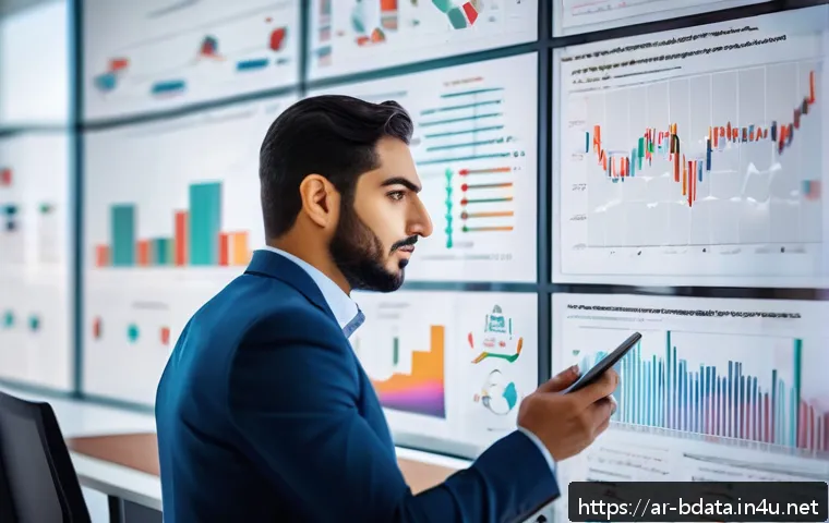 빅데이터 기술자의 데이터 분석 커리어 조언 - A professional Middle Eastern data analyst in a modern office setting, thoughtfully examining large ...