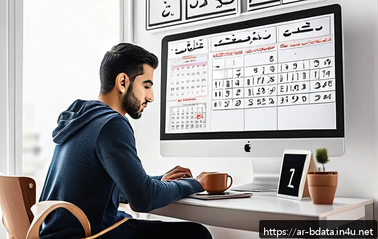 빅데이터 자격증 취득 성공 후기 - A focused young Arab man studying big data analysis on a laptop in a quiet, modern home office with ...