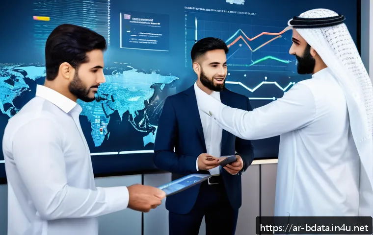 빅데이터 실무에서의 데이터 처리 성공 사례 - A modern Middle Eastern corporate office setting with diverse Arab professionals collaborating aroun...