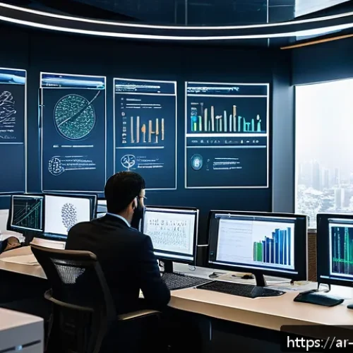 빅데이터 실무와 전산학 이론의 연결 - A modern, high-tech office environment with diverse Arab data scientists collaborating around a larg...