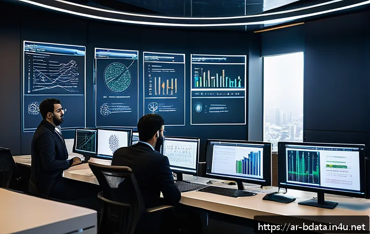 빅데이터 실무와 전산학 이론의 연결 - A modern, high-tech office environment with diverse Arab data scientists collaborating around a larg...