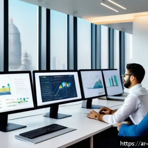 빅데이터 실무에서의 팀워크 강화 방법 - A professional Middle Eastern big data team working in a modern office environment, diverse group of...