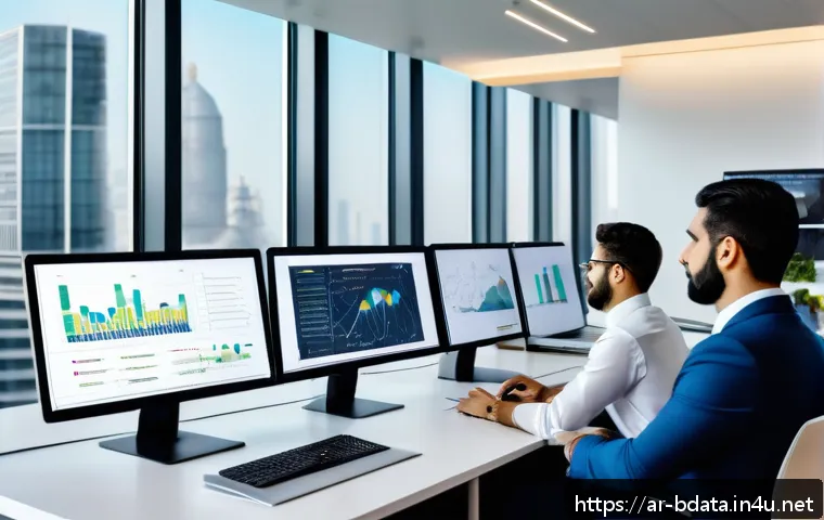 빅데이터 실무에서의 팀워크 강화 방법 - A professional Middle Eastern big data team working in a modern office environment, diverse group of...