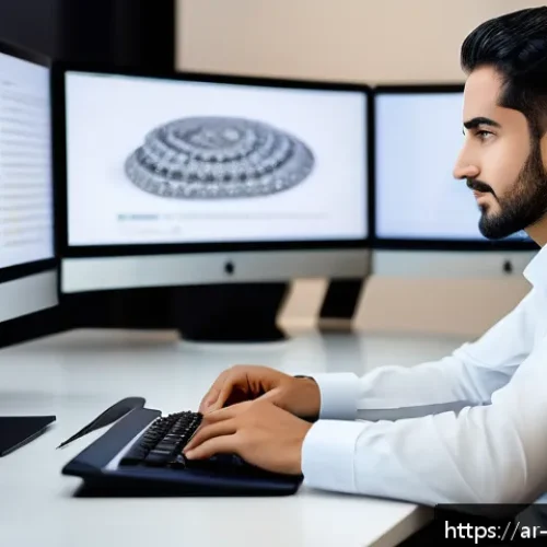 빅데이터 기술자 경력 개발 계획 - A modern professional Middle Eastern data scientist working in a sleek, high-tech office environment...