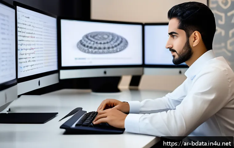 빅데이터 기술자 경력 개발 계획 - A modern professional Middle Eastern data scientist working in a sleek, high-tech office environment...