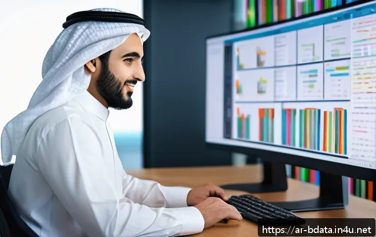빅데이터 기술자를 위한 프로그래밍 언어 추천 - A professional Middle Eastern data scientist wearing modest business attire, sitting at a modern des...