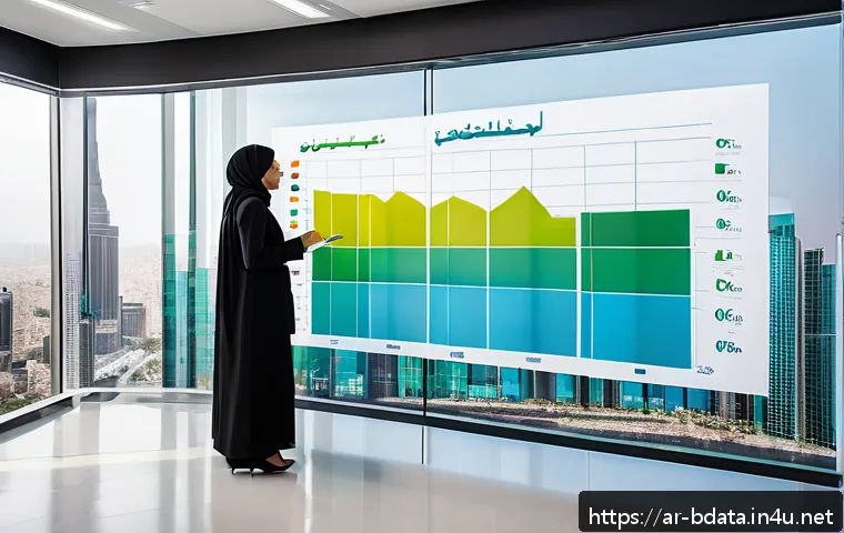 빅데이터 기술자의 데이터 시각화 스킬 - A modern office environment featuring a diverse team of Arabic professionals collaborating around a ...