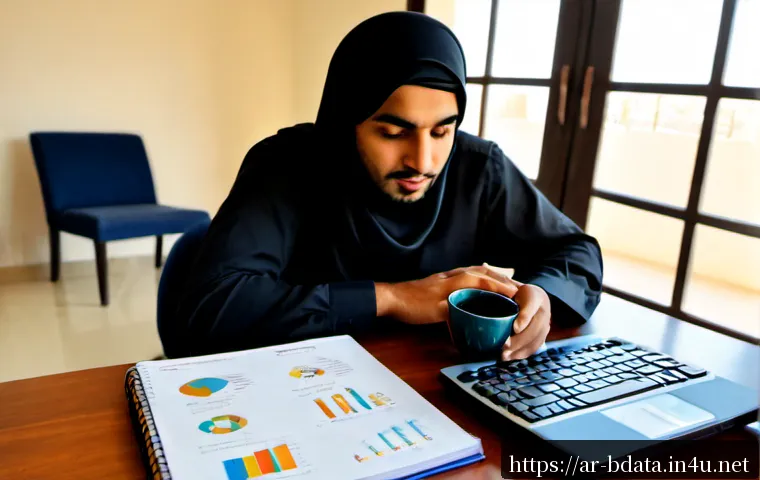빅데이터 실기 시험 준비 방법 - Photorealistic study scene of an Arab data analyst preparing for a big data practical certification ...