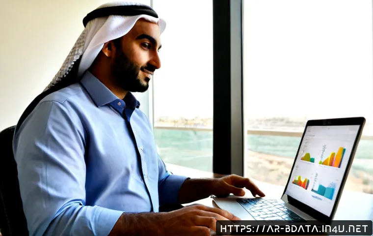 빅데이터 직무 만족도 조사 - Photorealistic modern Gulf-region office, Arab data analyst in smart business-casual attire reviewin...