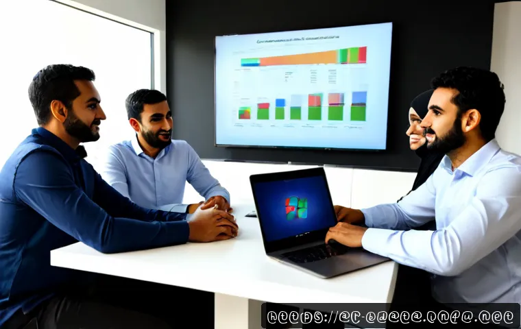빅데이터 기술자와 협력적 데이터 분석 사례 - Photorealistic collaborative data analysis meeting in a modern Middle Eastern technology office, div...