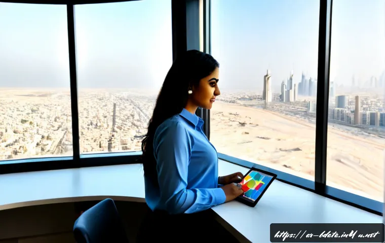 빅데이터 실무와 산업 데이터 분석 사례 - Photorealistic modern data analytics office in a Gulf Arab city, an Arab data analyst in modest prof...