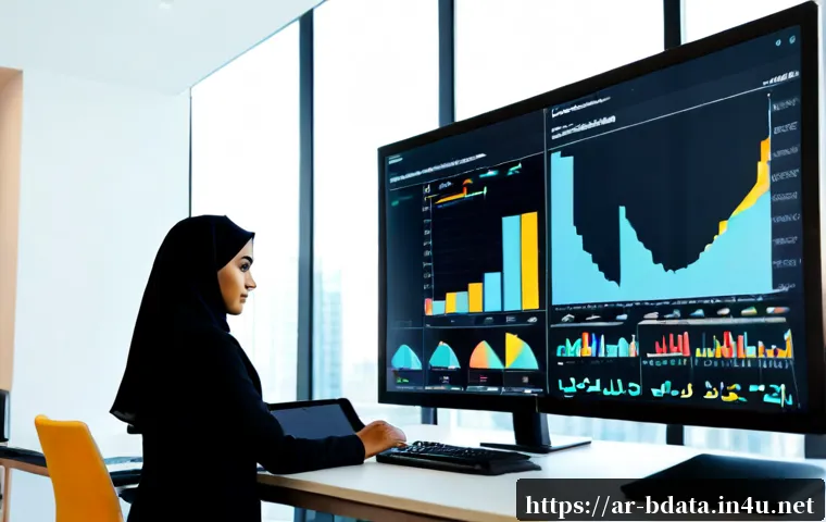 빅데이터 프로젝트에서 데이터 중심의 접근법 - Photorealistic modern analytics workspace in a Middle Eastern business district, Arab data scientist...