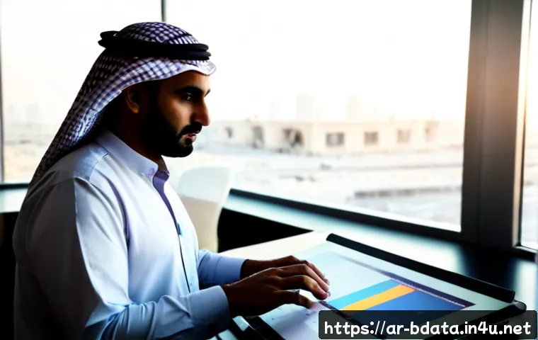 빅데이터 기술자와 데이터 자동화 사례 - Photorealistic Middle Eastern big data engineer in a modern Dubai-style office, modest professional ...